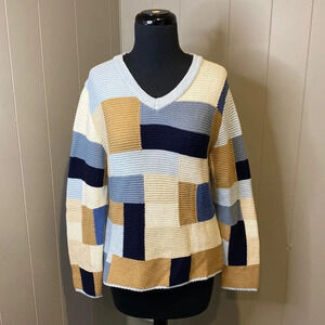 Olsen Women’s 10 V Neck Crochet Sweater Colorblock Wool Comfy
